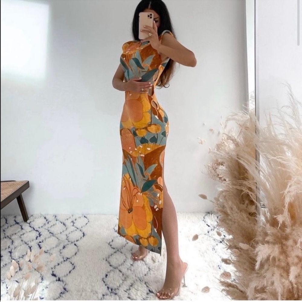 Zara Floral Maxi Dress in Orange and Blue